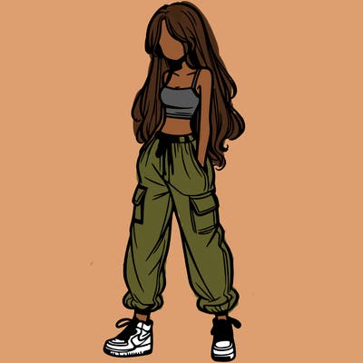 girl in baggy pants crop top and long hair