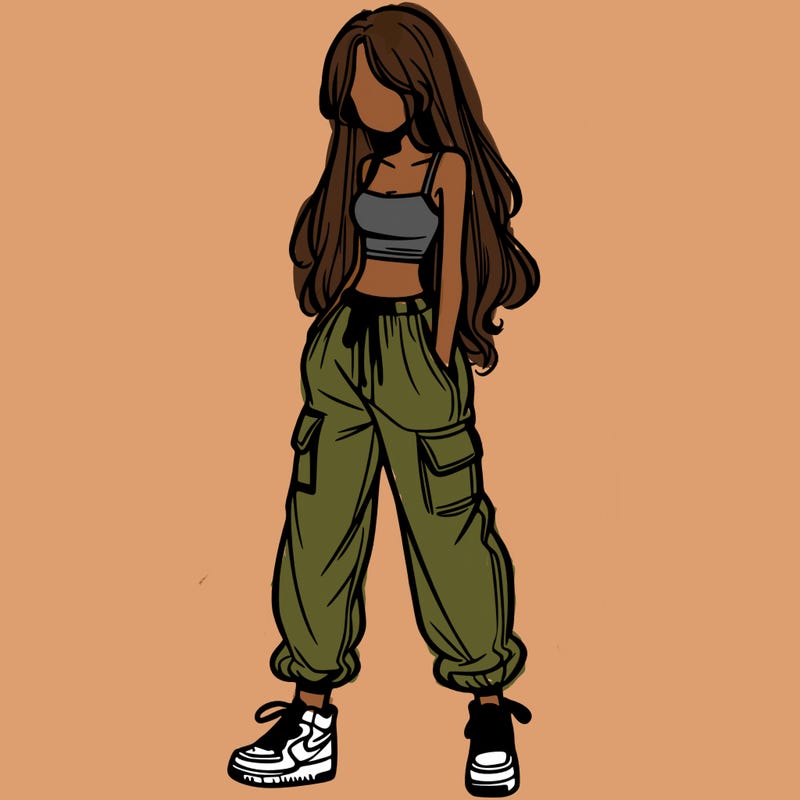 girl in baggy pants crop top and long hair
