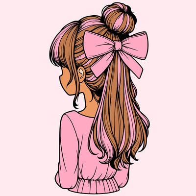 realistic girl  with hip length hair a bun and a big bow on the back of head