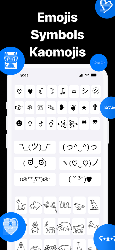 Keyboard Fonts++ | Kibik - A smartphone screen displaying a keyboard with various custom symbols, kaomojis, and animal icons from the Keyboard Fonts app.