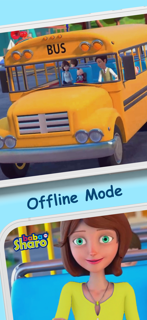 Capture d'écran de l'application BabaSharo Kids présentant une animation de bus scolaire jaune et un personnage souriant mettant en avant la fonctionnalité du mode hors ligne.