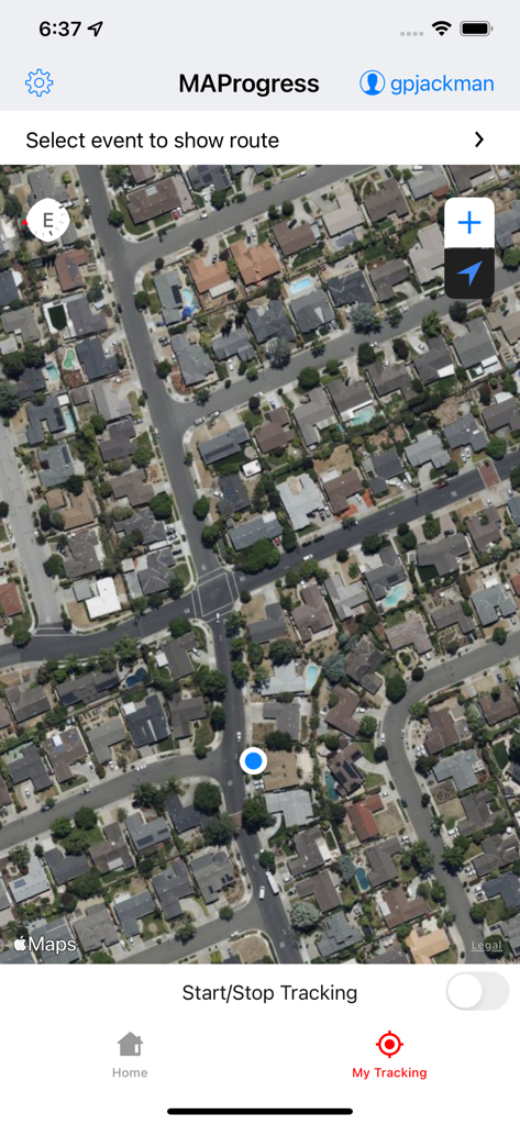 Satellite map view in the MAProgress app showing current location and tracking controls.