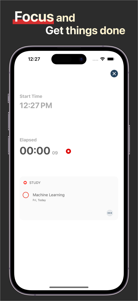 GoodTask Fokusmodus-Interface mit einem Produktivitäts-Timer und einer Lernaufgabe auf einem iPhone.