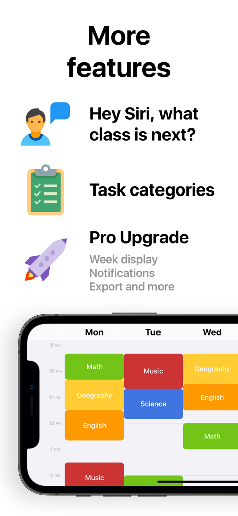 Class Timetable - Schedule App - Funzionalità dell'app Orario Lezioni, incluso il supporto Siri e un orario settimanale codificato a colori