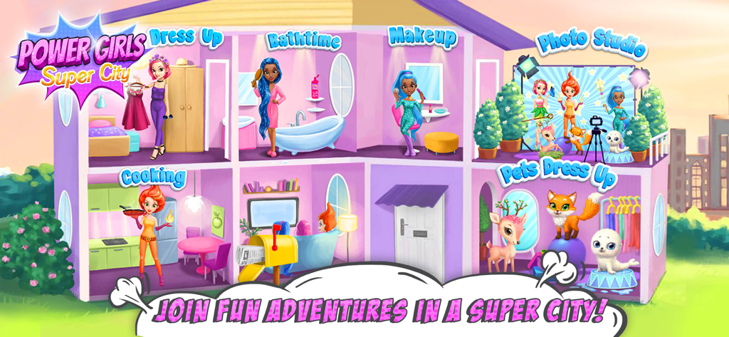 Gameplay screenshot of Power Girls Super City showing various rooms like cooking makeup and pet dress up in a colorful house