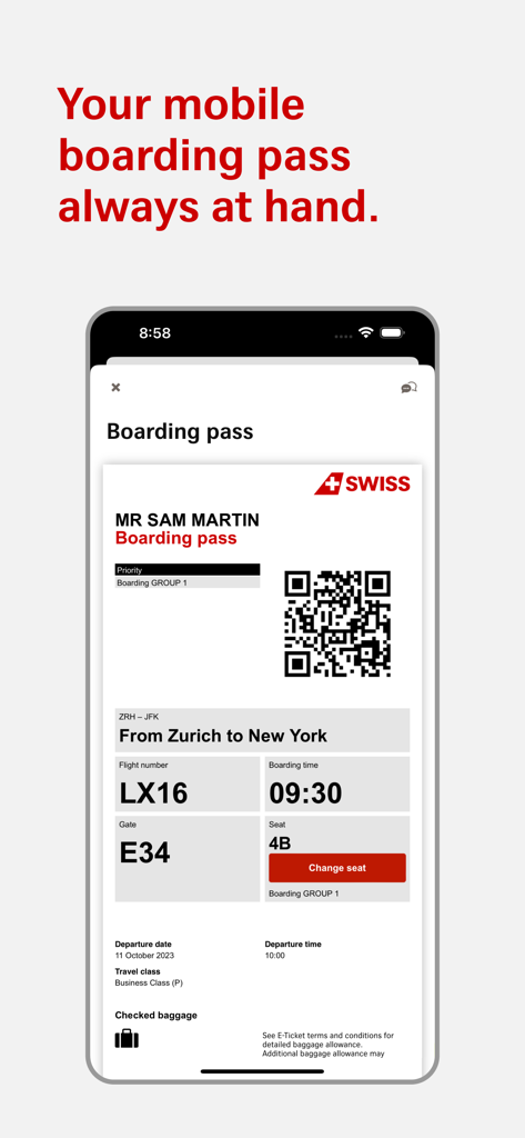 Eine digitale Bordkarte für einen SWISS Flug, angezeigt auf einem Smartphone-Bildschirm