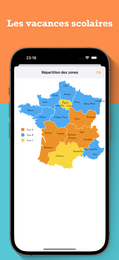 France Agenda - Map of France showing school holiday zones A B and C