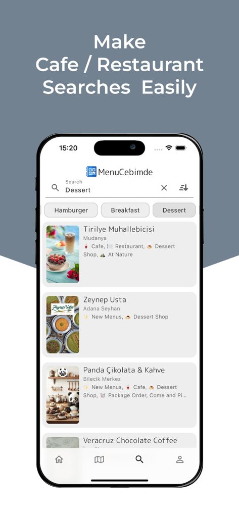 MenuCebimde - MenuCebimde mobile app interface showing dessert restaurant search results with local cafe listings and category filters