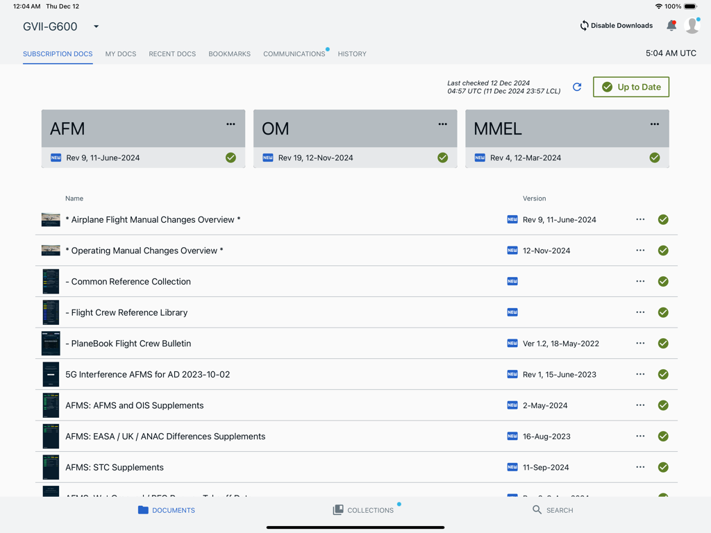 Gulfstream PlaneBook - Interface do aplicativo Gulfstream PlaneBook mostrando uma lista de manuais de voo e documentos de assinatura em um iPad.