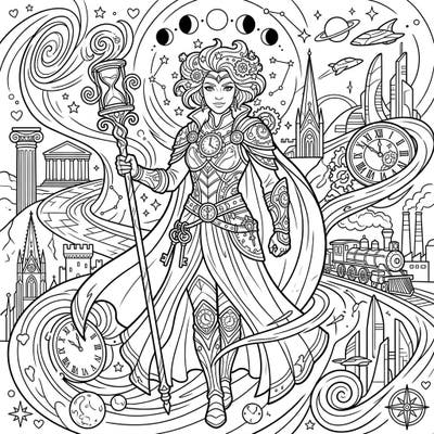Unleash your creativity with this captivating mythical time traveler coloring page, featuring a powerful guardian traversing different historical eras. Perfect for adults and teens who love fantasy, history, and intricate designs.