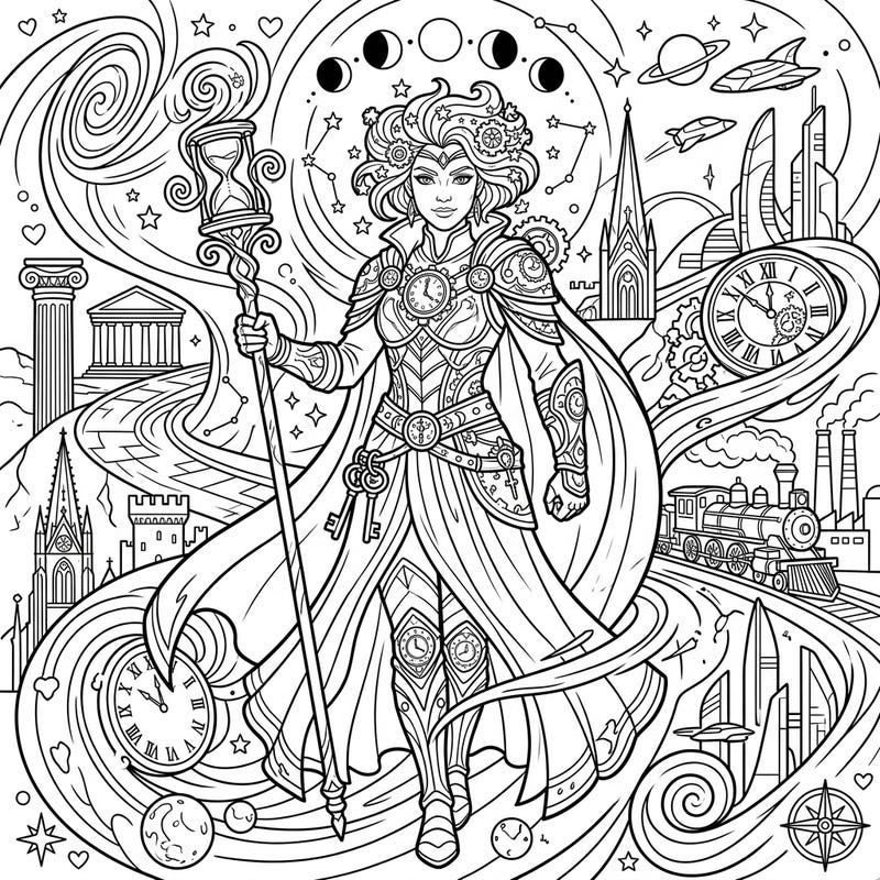 Unleash your creativity with this captivating mythical time traveler coloring page, featuring a powerful guardian traversing different historical eras. Perfect for adults and teens who love fantasy, history, and intricate designs.