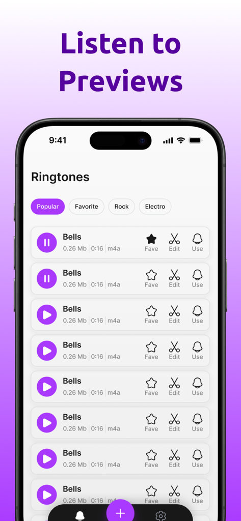 Ringtone Maker & Custom Tones - Smartphone screen showing a list of custom ringtones with preview and edit options