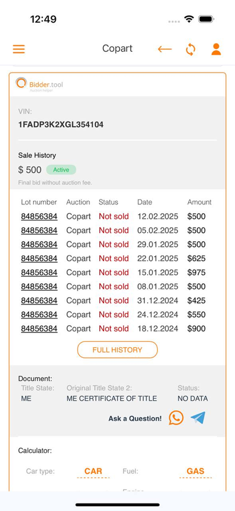 Captura de tela do aplicativo Bidder Tool mostrando o histórico de vendas de veículos com números de lote e preços de leilão