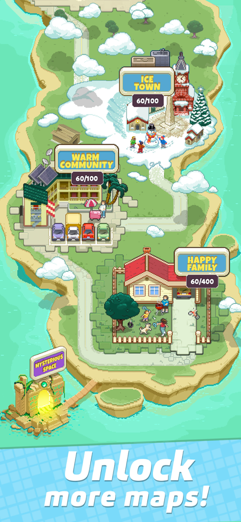 Un mapa del mundo de arte pixelado que muestra diferentes temas de puzles para desbloquear en Pixel Cross