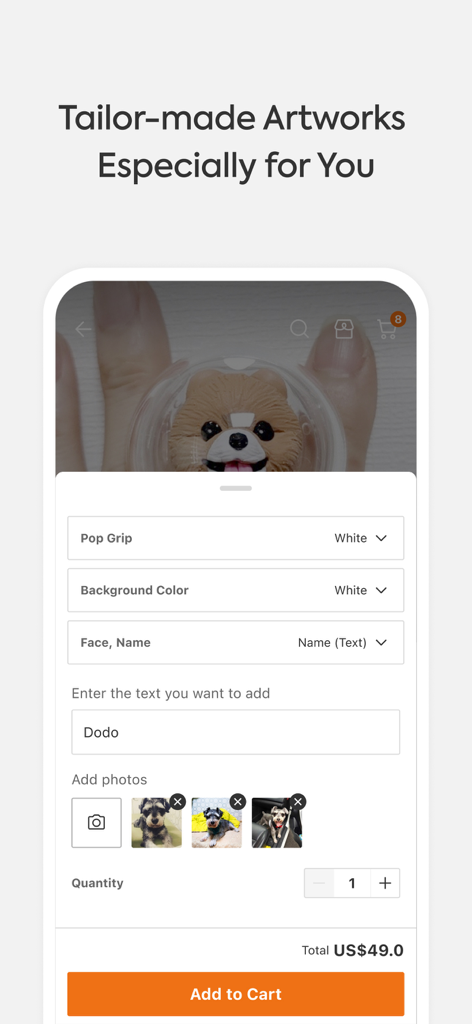 idus - Handmade Marketplace - idusハンドメイドマーケットプレイスアプリでの、オーダーメイドのペット用ポップグリップのカスタマイズインターフェース。