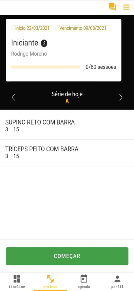 Panobianco Academia app interface showing a beginner workout routine with exercises like bench press and session progress tracking