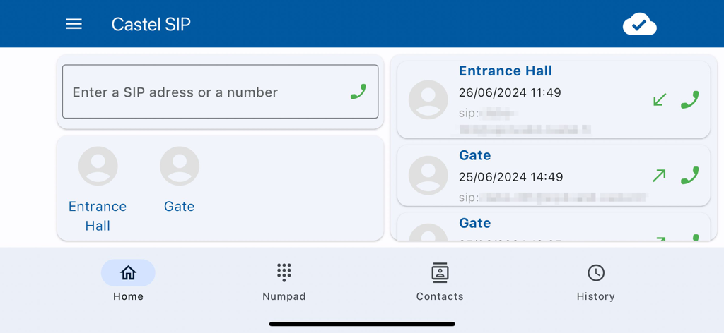 Castel SIP - Tableau de bord de l'application Castel SIP montrant les appels récents et les commandes d'interphone pour les portails et les halls