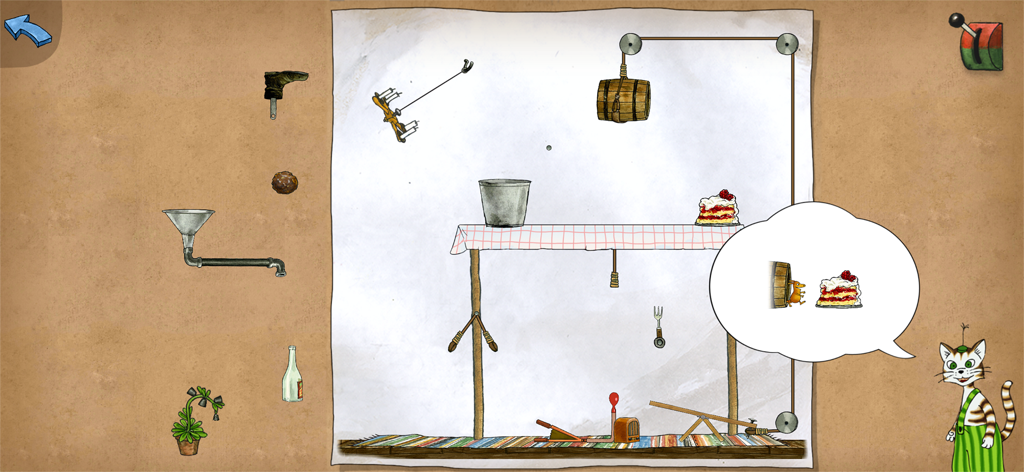 Gameplay de puzzle logique dans Pettsons Inventions 4 montrant un plan de machine et le personnage Findus