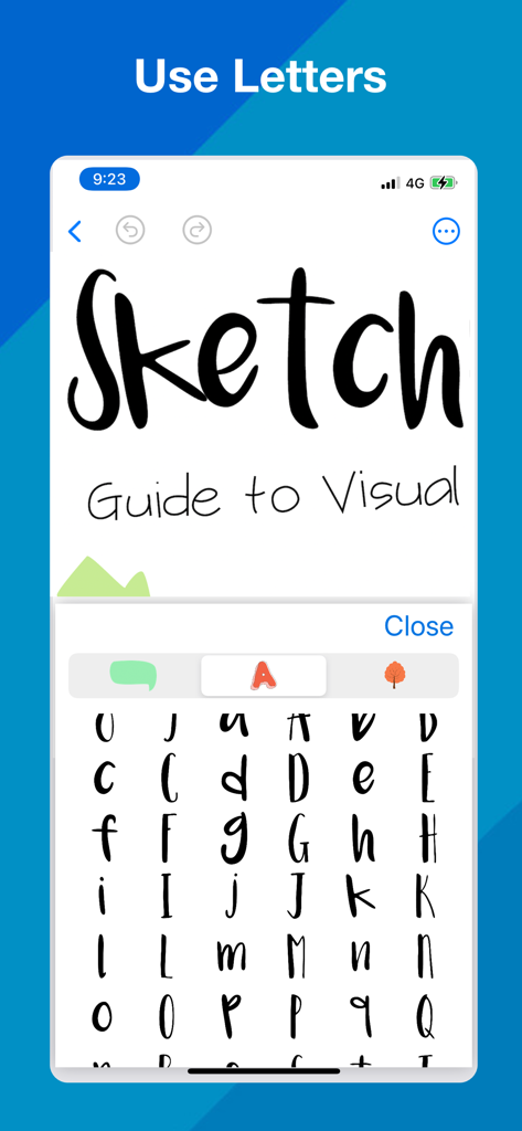 User interface of SketchNote app showcasing decorative handwritten letter options for visual notes