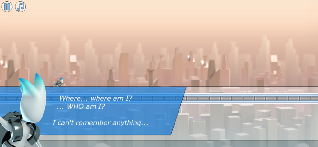 G-Switch 2 - 로봇 캐릭터와 미래적인 도시 풍경이 특징인 G-Switch 2의 이야기 대화 화면