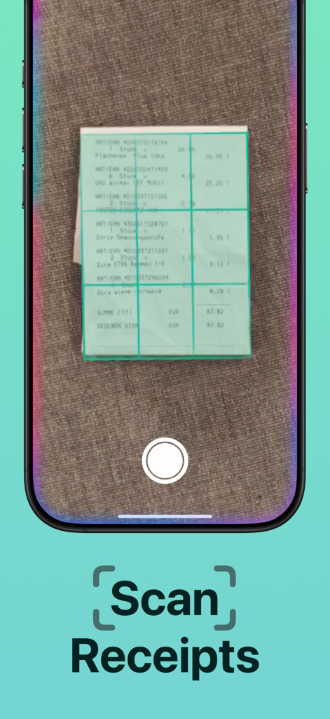 Budget Flow | Expense Tracker - Smartphone screen scanning a paper receipt for automatic expense tracking