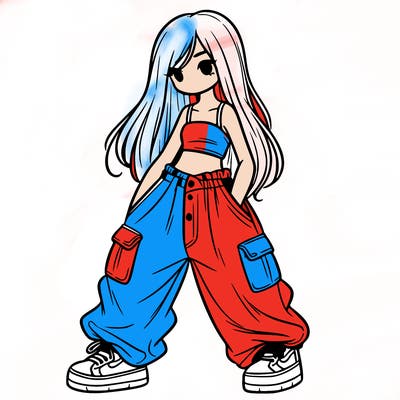 girl in baggy pants, crop top, and long hair
