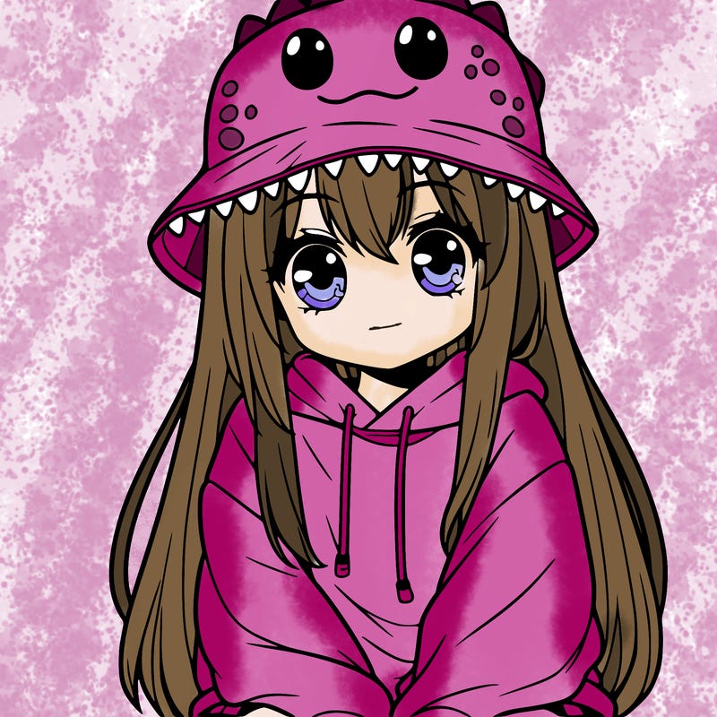 girl with anime shaped eyes with a dinosaur bucket hat oversized sweatshirt long straight hair