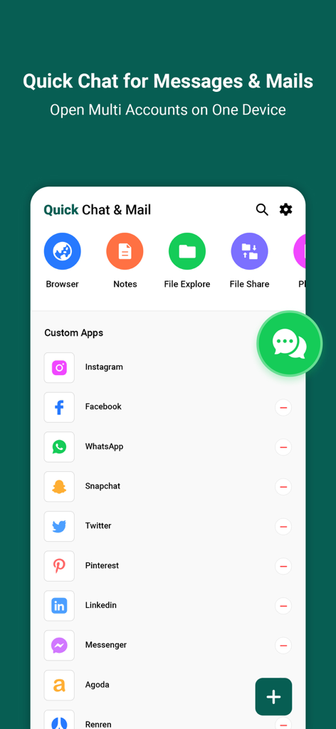 Interfaz de la aplicación Quick Chat que muestra la gestión de múltiples cuentas para WhatsApp, Facebook e Instagram.