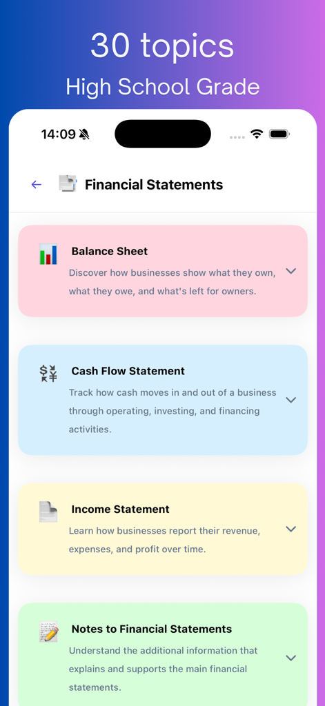 Accounting CPA Quiz Game - Pantalla móvil que muestra módulos de estudio de estados financieros como Balance General y Estado de Resultados en la aplicación Accounting CPA Quiz Game.