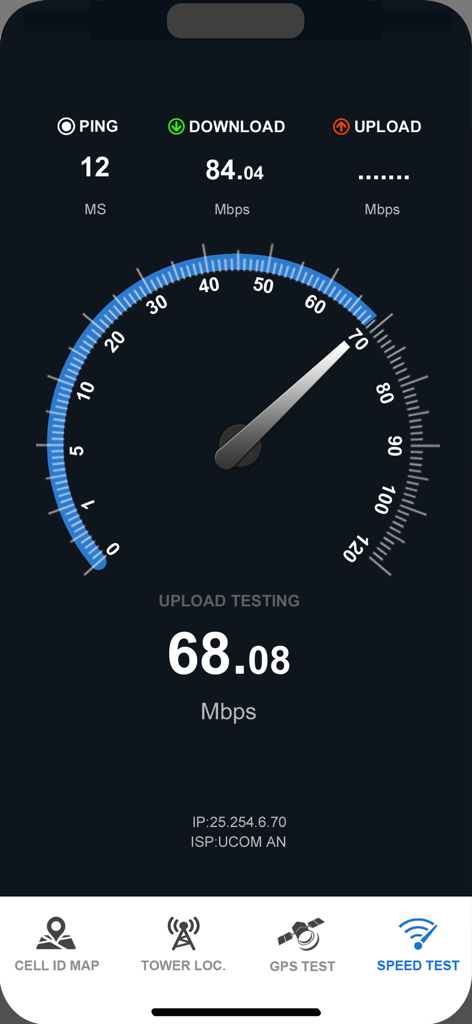 Mobile app interface showing an internet speed test with download and upload metrics and a speedometer gauge