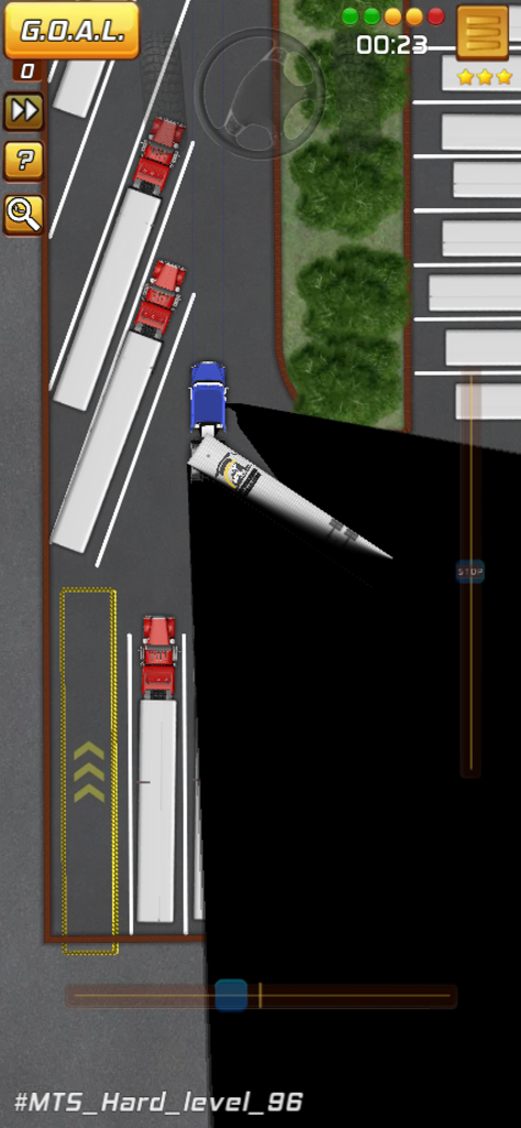 My U.S. Trucking Skills - Top down view of a semi truck backing up in a parking lot with a large blind spot overlay in a driving simulator