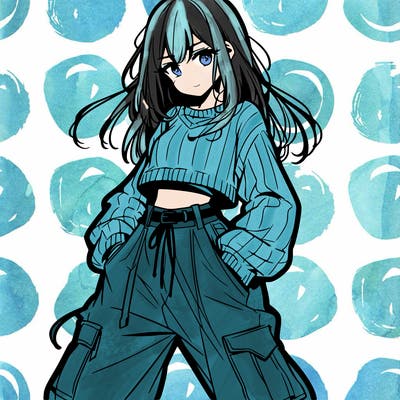 anime teen girl with baggy pants and crop top with sweater