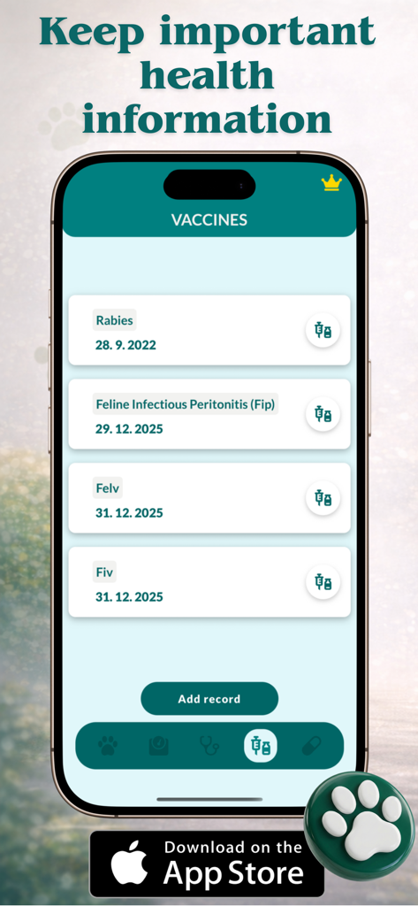Vet Record - pet health track - Smartphone screen displaying the vaccine tracking feature of the Vet Record app showing various pet immunization records and dates.