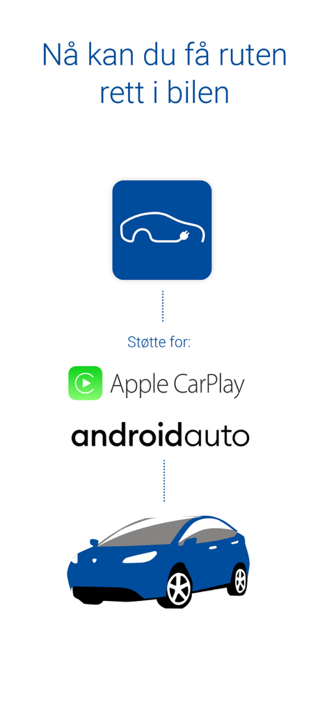 Grafik, die die Kompatibilität von ElbilAppen mit Apple CarPlay und Android Auto für die Navigation in Elektrofahrzeugen im Auto zeigt.