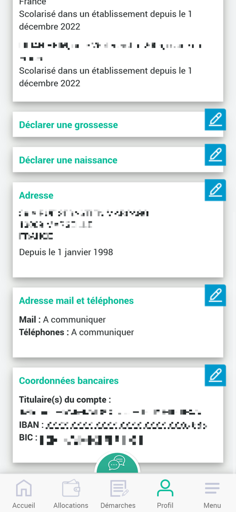 Écran de profil de l'application Caf affichant les informations personnelles et les déclarations d'événements marquants de la vie.