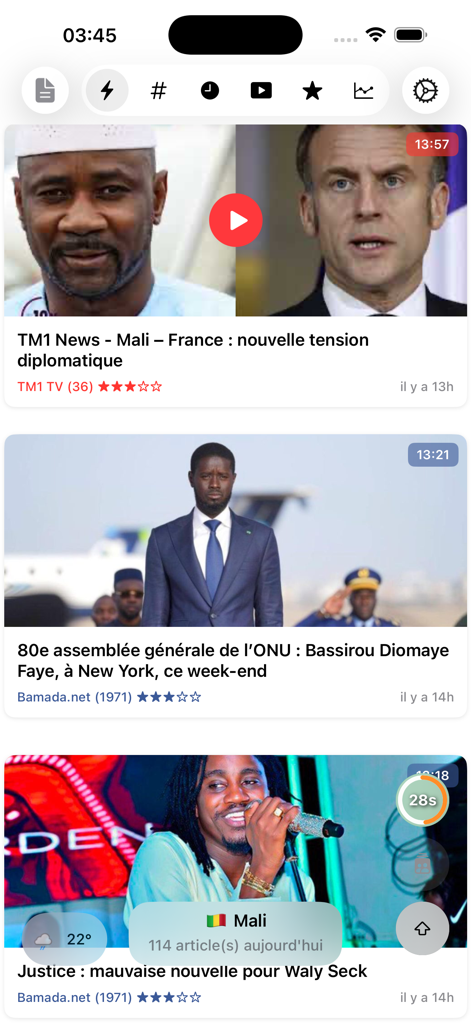 Feed de noticias de la aplicación Actu Mali que muestra los últimos titulares y artículos de varias fuentes malienses