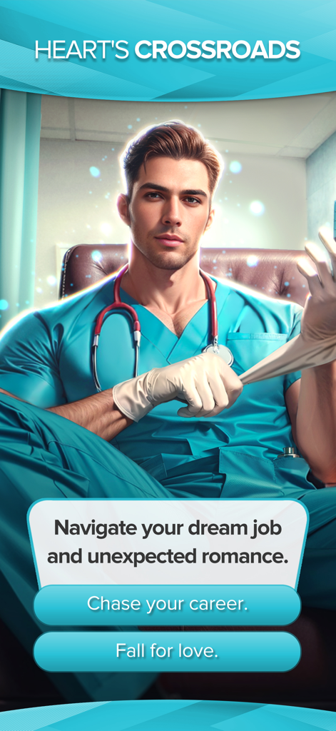Una escena de romance médico interactivo en Whispers con un apuesto doctor en uniforme con opciones entre carrera y amor.