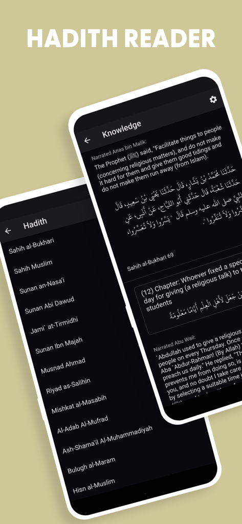 A mobile interface for the Salam App Hadith Reader showing a list of major Hadith collections and a specific narrated Hadith with English and Arabic text.
