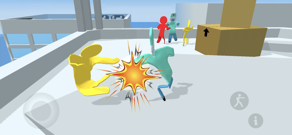 흰색 옥상에서 파란색 상대를 발로 차는 노란색 캐릭터를 포함하여 싸우는 스틱맨 래그돌 캐릭터