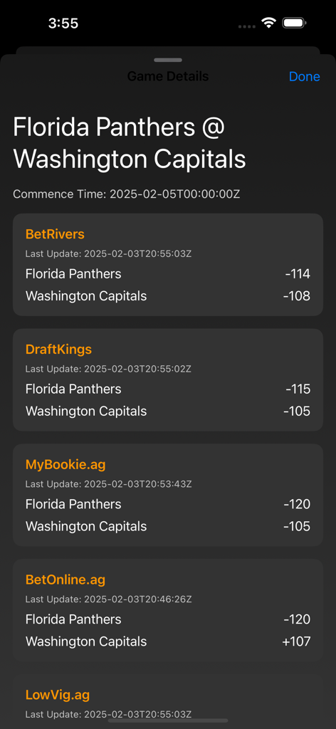 Live Sports Arbitrage - Game details screen in Live Sports Arbitrage app comparing odds from multiple sportsbooks for a professional hockey match.