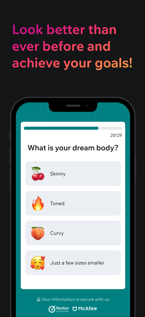 Hoola fitness app onboarding screen asking the user to select their dream body goal from options like Skinny, Toned, and Curvy