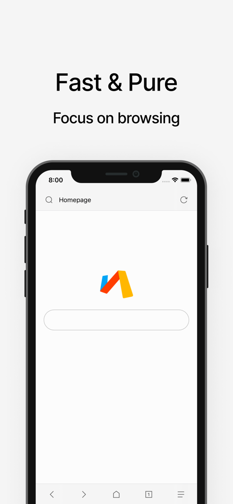 Homepage minimalista di Via Browser su un iPhone con un'interfaccia di ricerca pulita e lo slogan Fast and Pure.