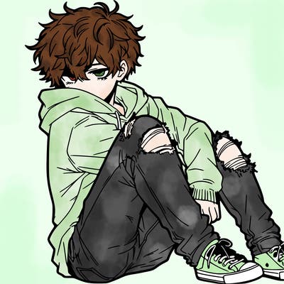 a male hoddie ripped jeans messy hair anime