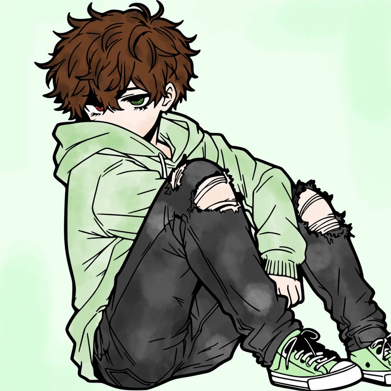 a male hoddie ripped jeans messy hair anime