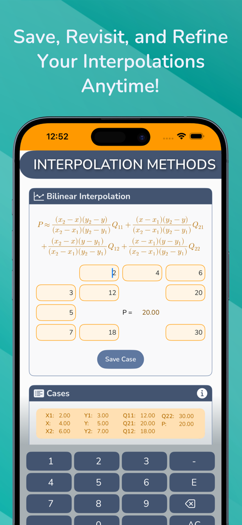 Oberfläche des bilinearen Interpolationsrechners mit Formelanzeige und gespeichertem Berechnungsverlauf.