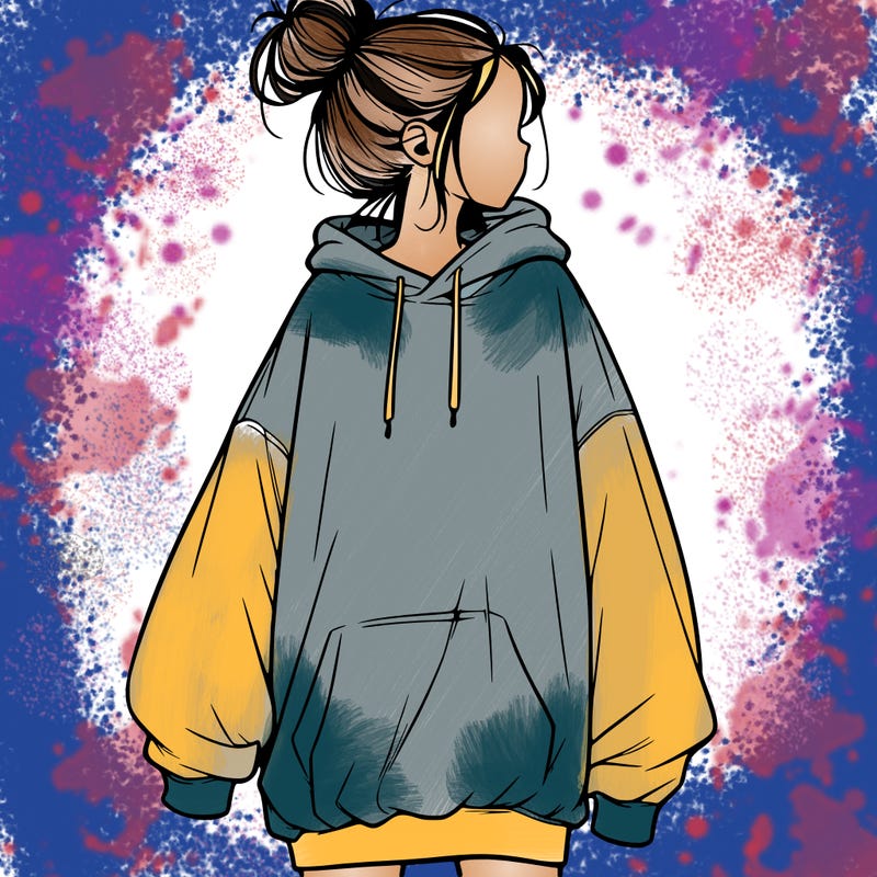 realistic girl with a oversized sweatshirt on and a bun