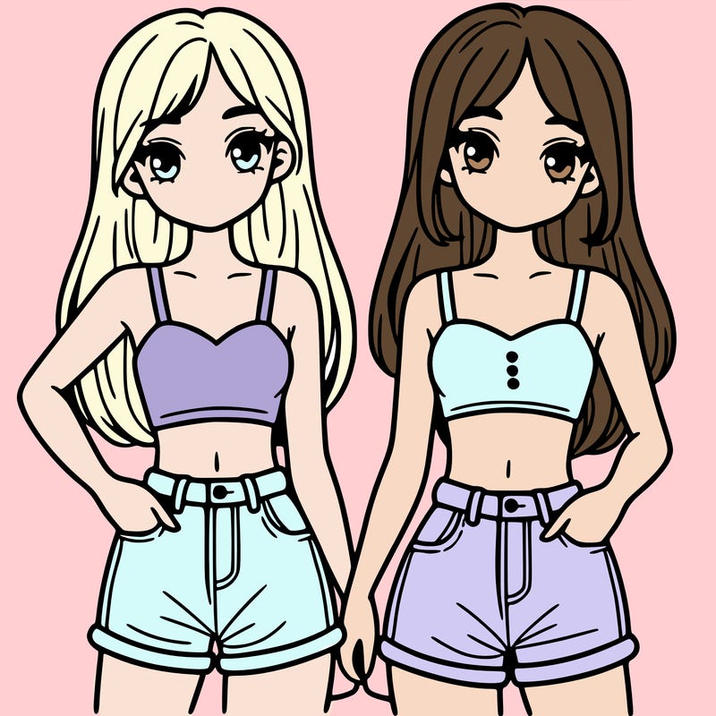 two sisters with crop tops and jean shorts and straight hair