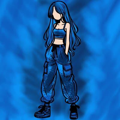 girl in baggy pants crop top and long hair