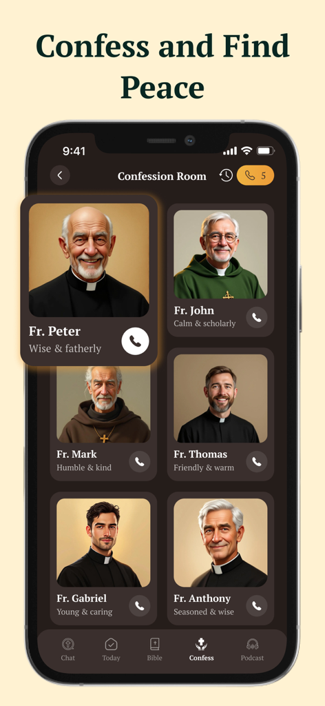 Path: Heaven bible Chat, Study - Mobile screen showing the Path app's AI confession room feature with various digital priest avatars
