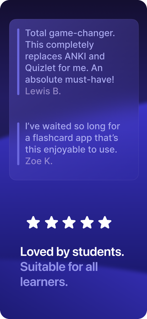 Reseñas de usuarios y calificación de cinco estrellas para la aplicación Retain AI Flashcards